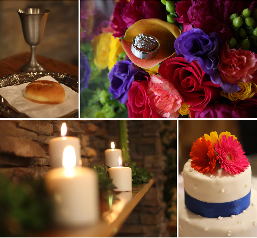 Colorful wedding flowers, Rogers wedding photographer, ring pictures, candlelight ceremony, marriage communion, daisy cake