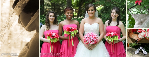 The bride and her lovely bridesmaids. The fuscha and green color scheme worked perfectly for a garden wedding.